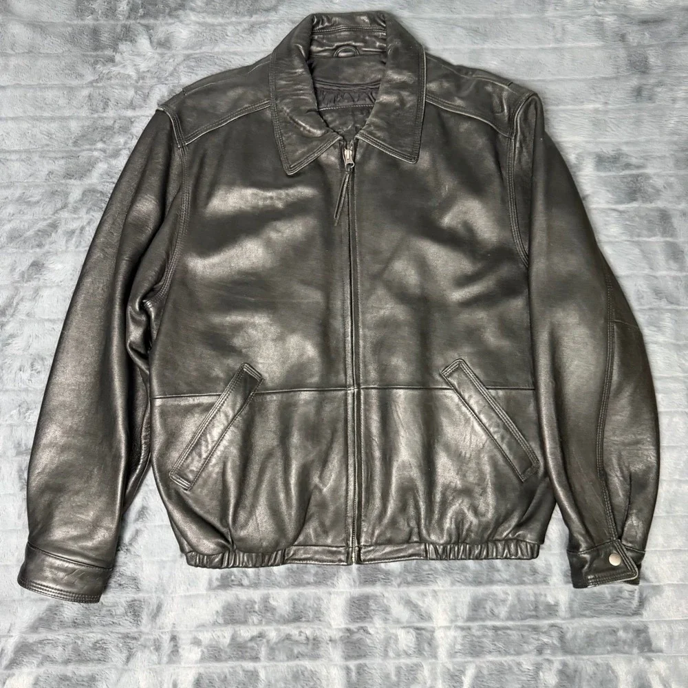 American Classic Mens Black Leather Bomber Jacket Full Zip Quilted 640629 M